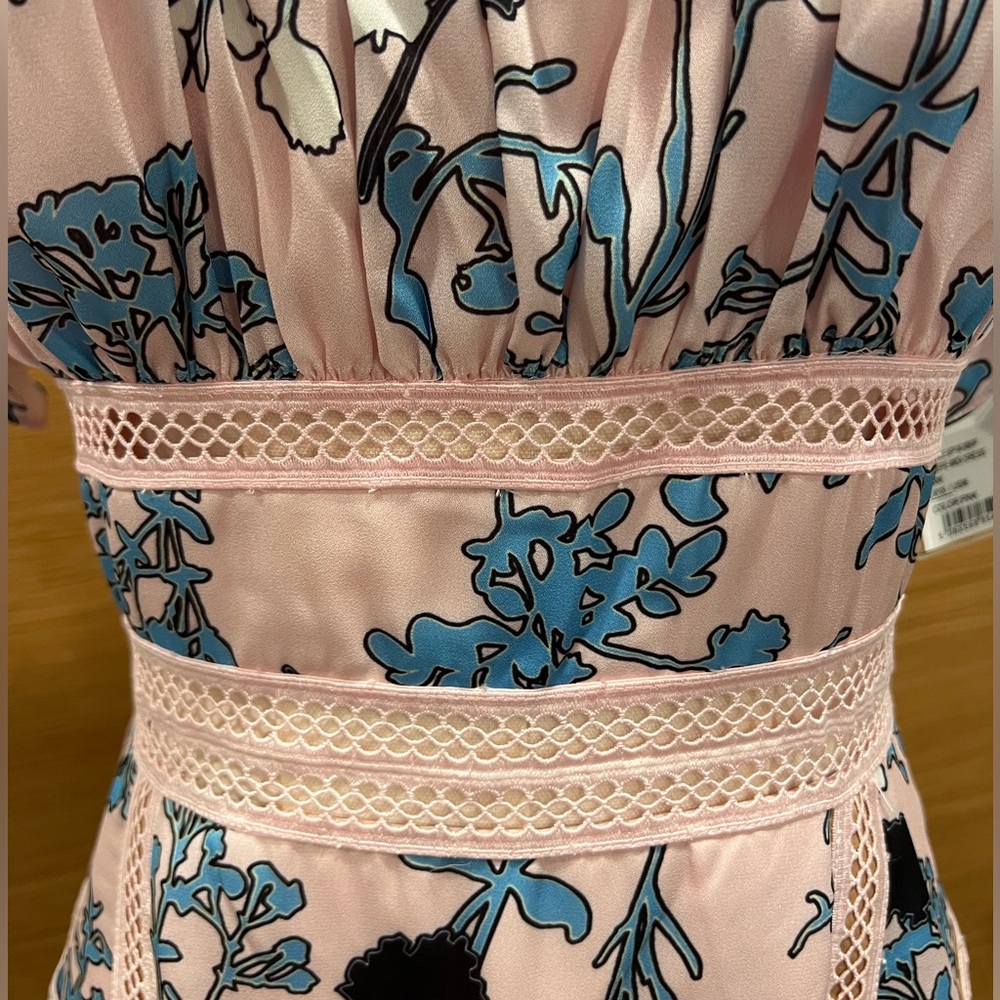 Self-Portrait Pink Floral Midi Dress with Blue Floral Print and Black Accents - Picture 4 of 8